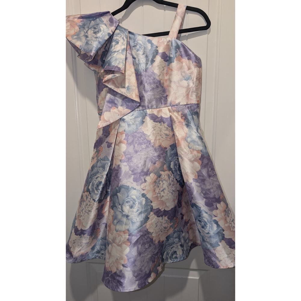 Honey and Rosie Purple Blue Pink Floral One Shoulder Satin Dress 16